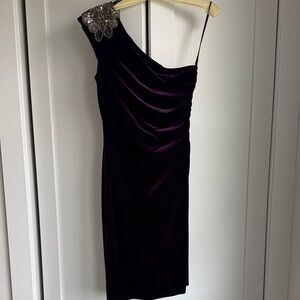 David Meister Dark Purple One-Shoulder Dress with Silver Embellishment